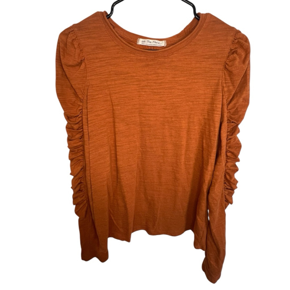 Free People We The Free Orange Ruched Sleeve Long Sleeve Shirt
